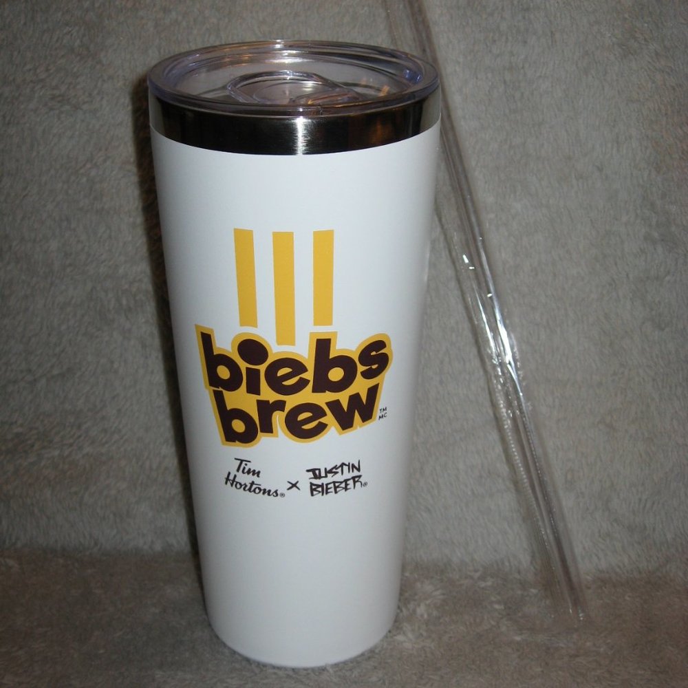 Tim Horton's Biebs Brew Tumbler with Straw *Never Used* Justin Bieber